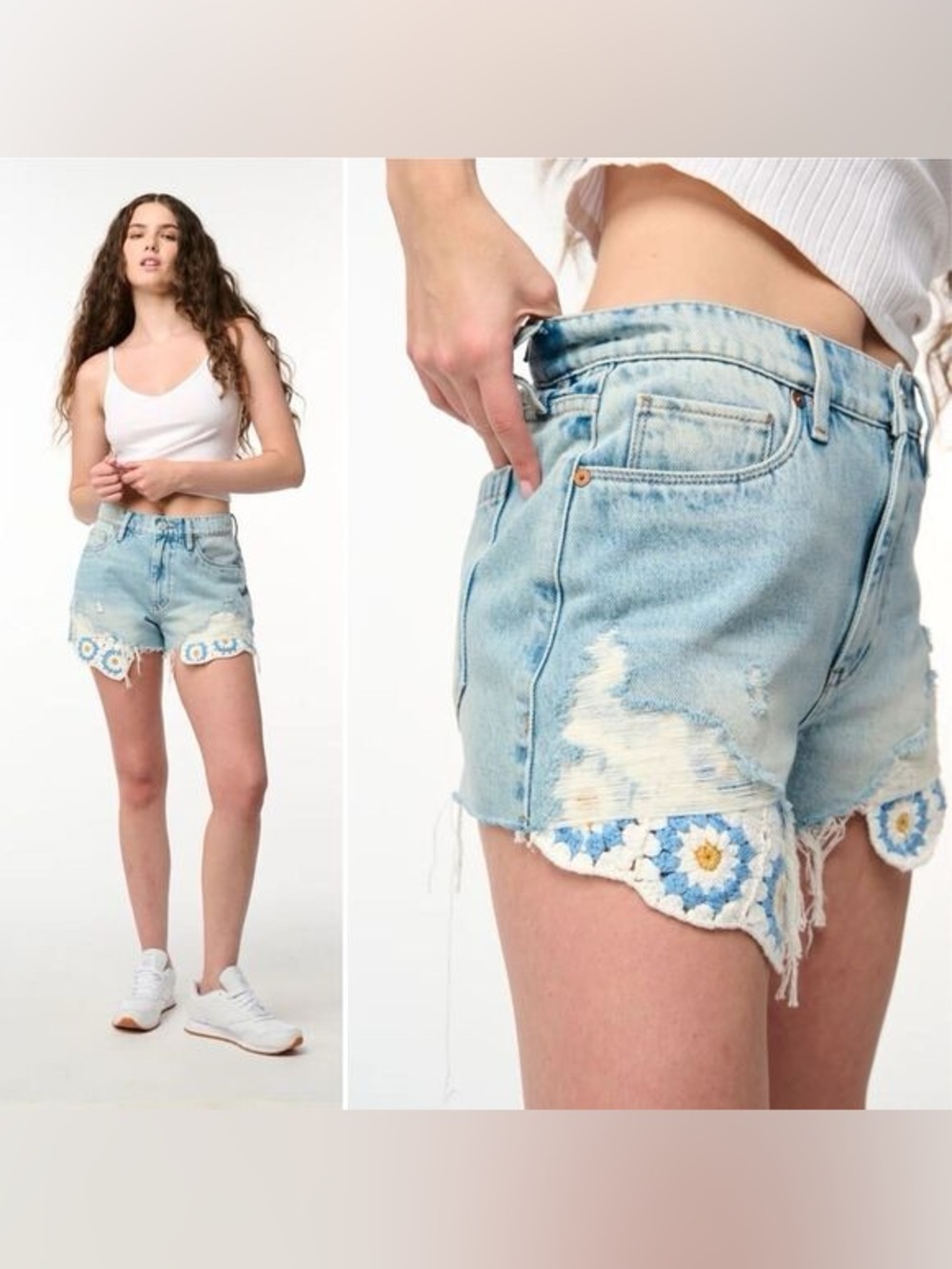 Blank NYC The Barrow Light Blue Distressed Denim Crochet Granny Square Shorts 26